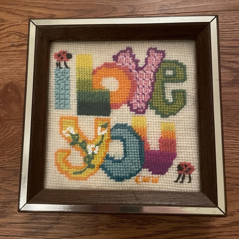 Vintage 1970's "I Love You" Framed Needlepoint-Jiffy Stitchery Kit Retro 6 X 6